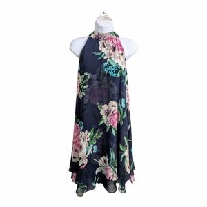 Eliza J Floral Chiffon Swing Trapeze Shift Dress Halter Layered Navy Formal 6